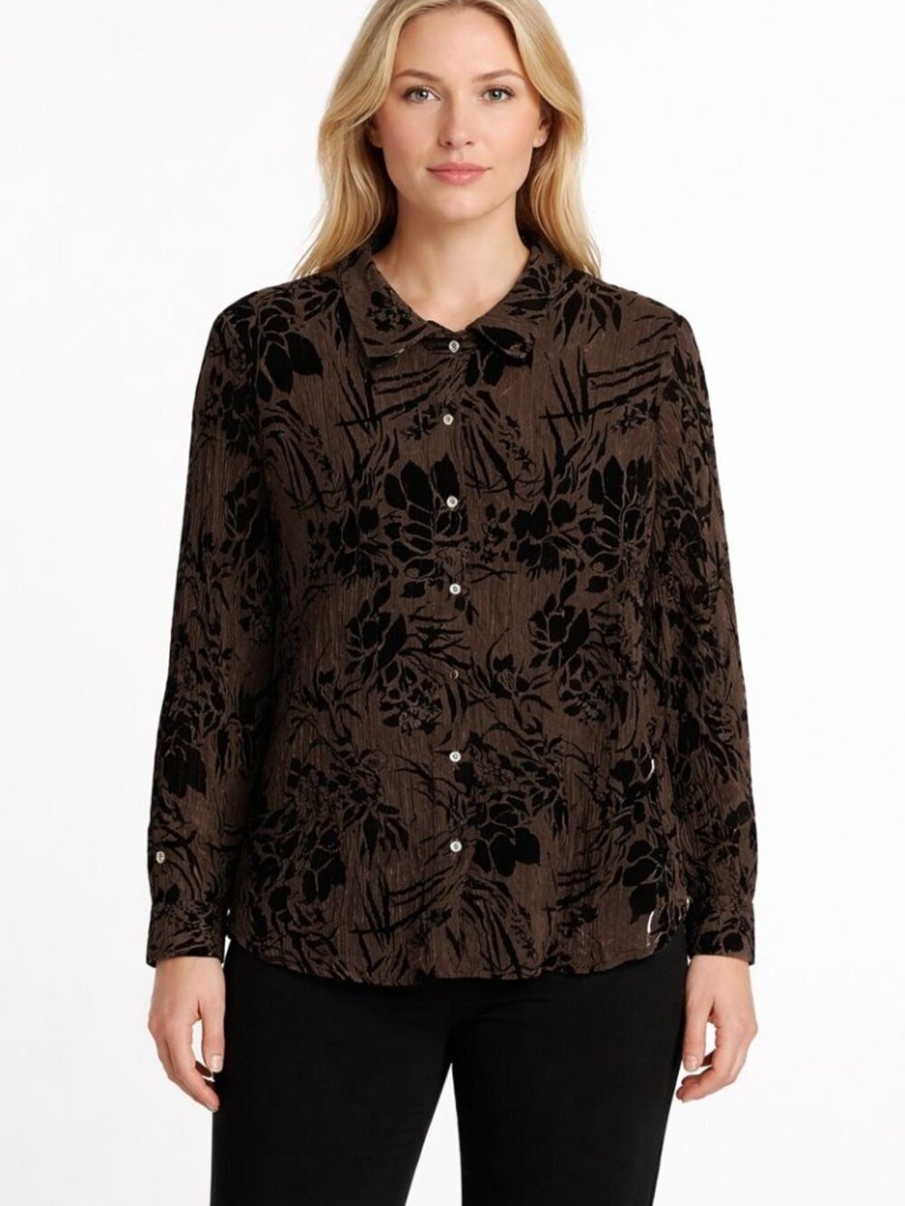 VIkki Vi Size 1X chocolate Brown velvet burnout blouse button down shirt